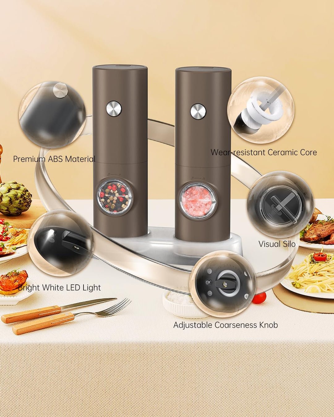 CIRCLE JOY Salz und Pfeffermühlen Elektrische 2er Set Batteriebetriebenen Gewürzmühle mit Basis, Wei