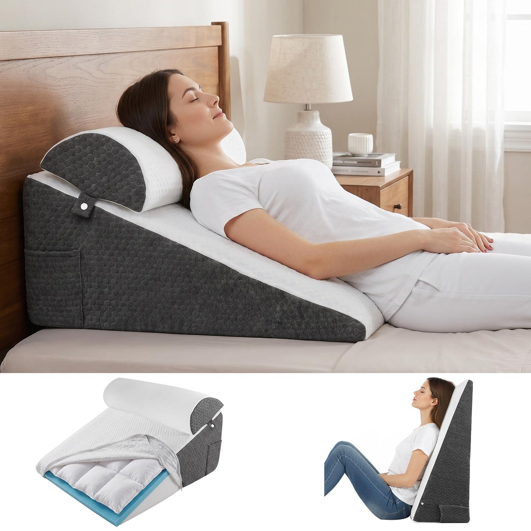 Keilkissen Bett, 3 Lagen mit Memory-Schaum Top, Weichem Kissen, Lesekissen für Bett und Couch, Schau