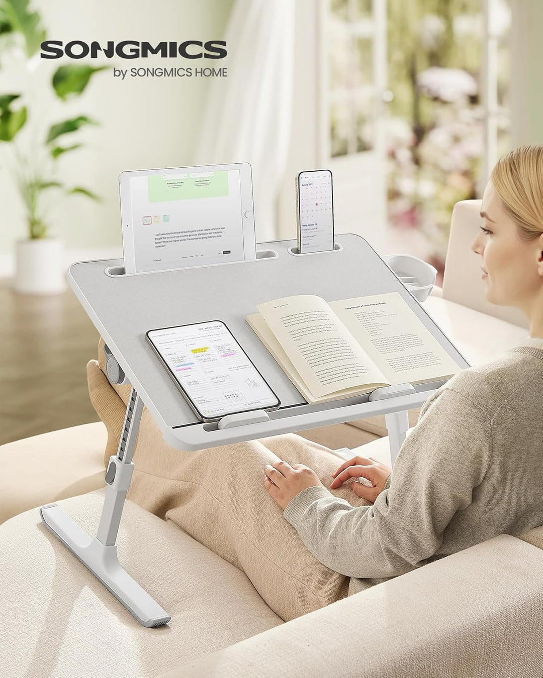 SONGMICS Laptoptisch, Betttisch, Laptopständer, 56 x 40 cm grosse Tischplatte, 120° stufenlos verste