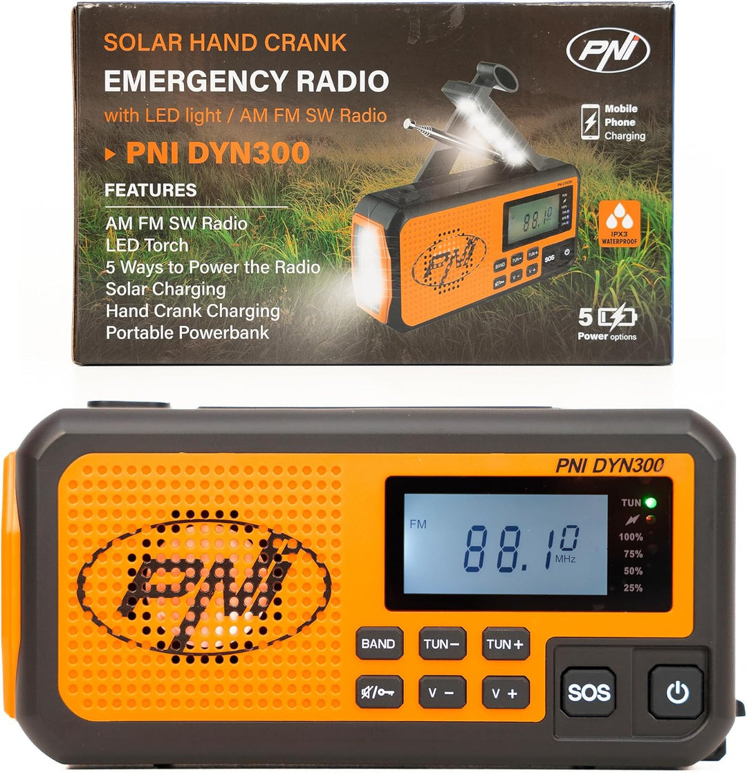 Tragbares Radio PNI DYN300, mit Dynamo, Solarladung, Taschenlampe, Powerbank 4000 mAh, SOS, IPX3, Or