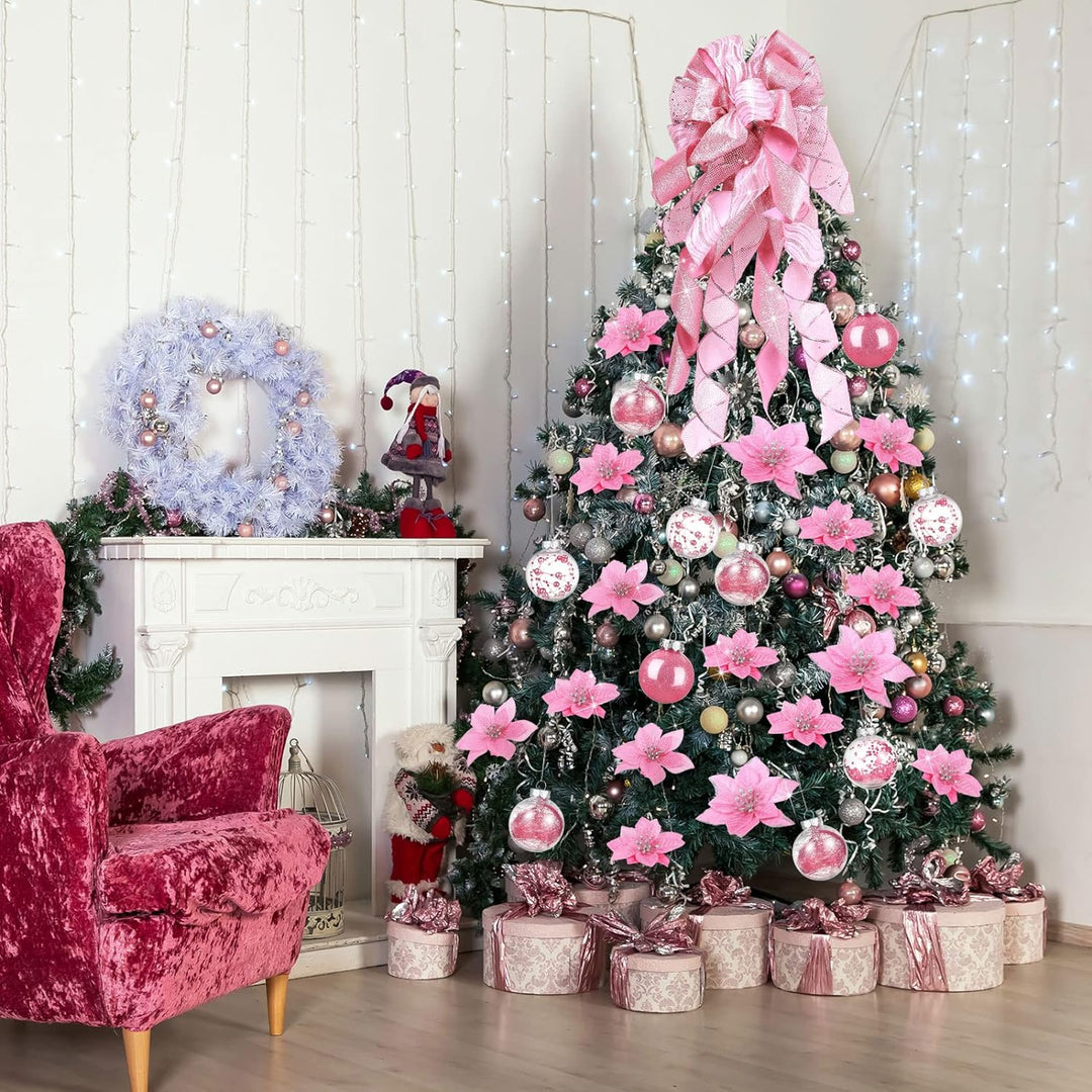 49 Stück Weihnachtsbaum Deko Set mit Weihnachtsbaumspitze 24 Stück Glitzer Weihnachten Blumen in 3 G