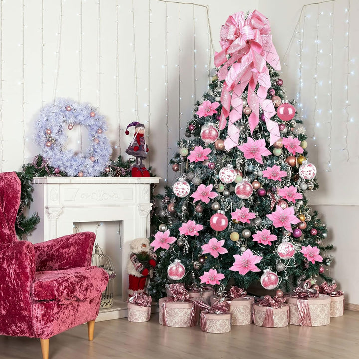 49 Stück Weihnachtsbaum Deko Set mit Weihnachtsbaumspitze 24 Stück Glitzer Weihnachten Blumen in 3 G