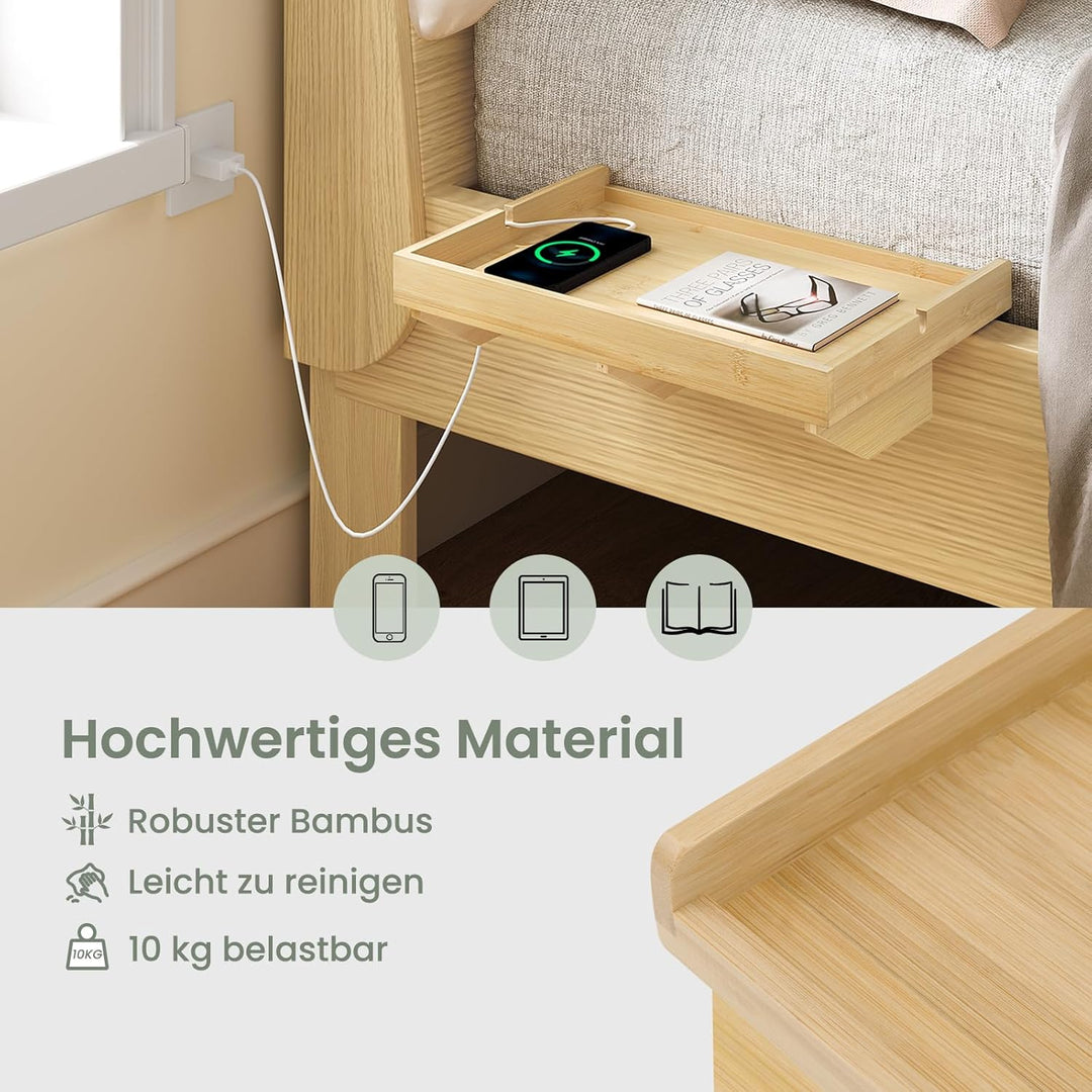 EUGAD Nachttisch für Bett, aus Bambus, schmal, Bettablage zum Einhängen, Bettregal zum Klemmen, mit