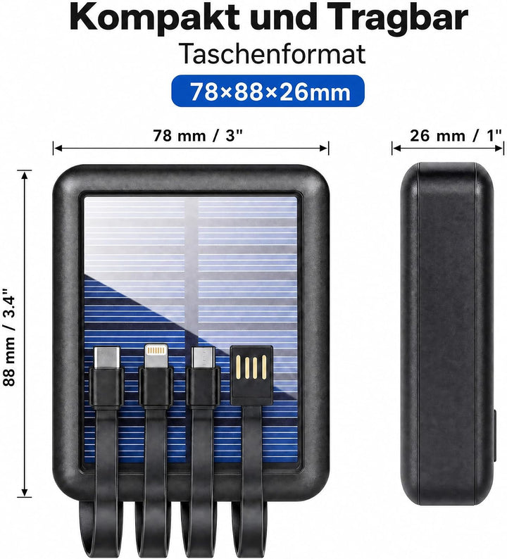 Mini Powerbank 15000mAh mit Solarpanel und integrierten Ladekabeln