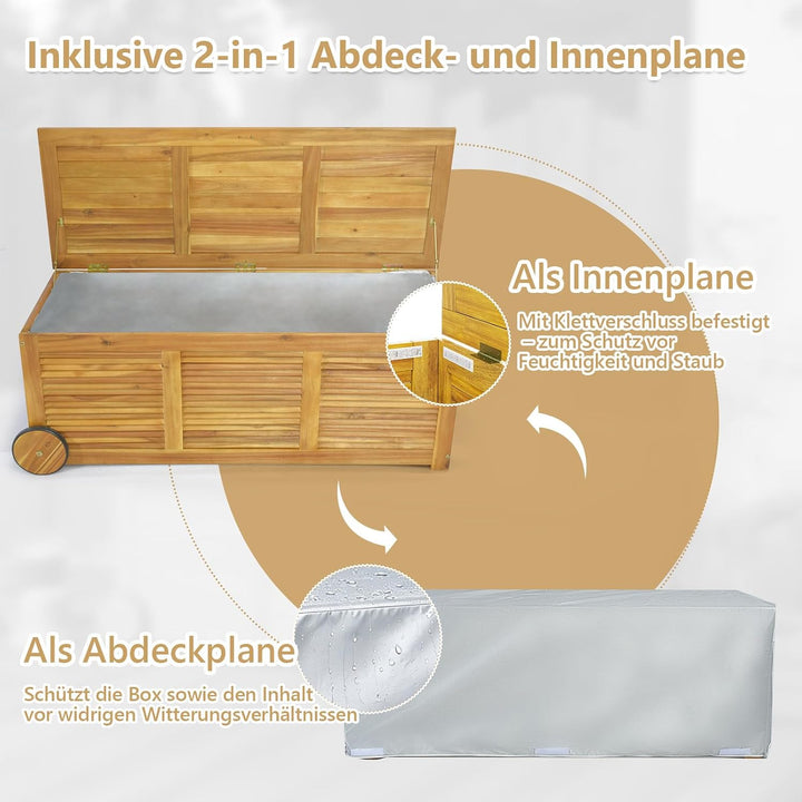 GIANTEX Auflagenbox Kissenbox Akazien Holz 182L, Gartenbox Aufbewahrungsbox mit Rollen, Kissentruhe