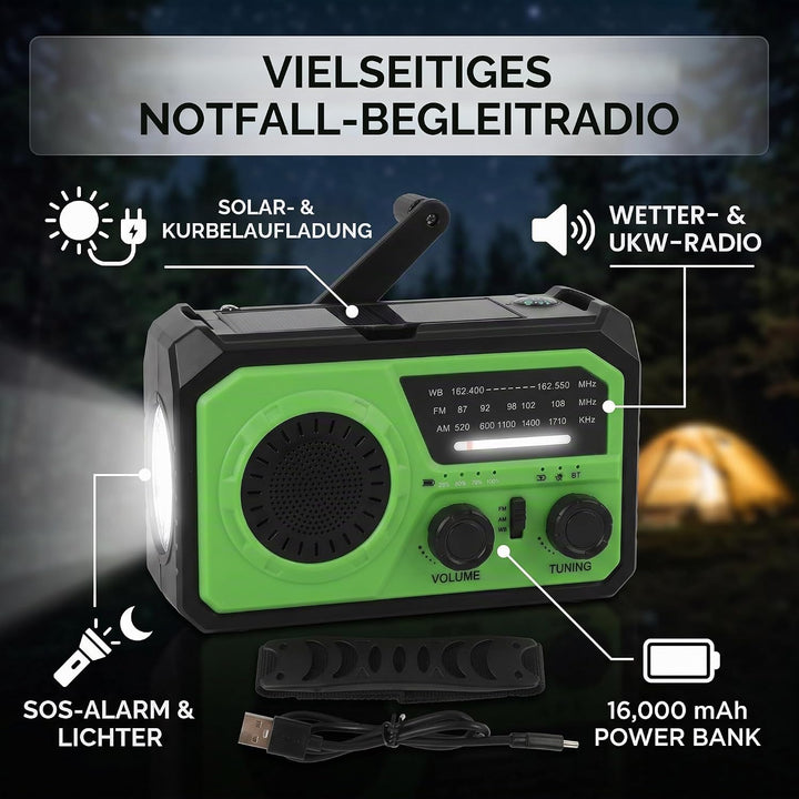 Notfall-Kurbelwetter-Radio mit 16.000 MAh-Akku, 3 Ladeoptionen, Solarradio mit Kompass, Taschenlampe