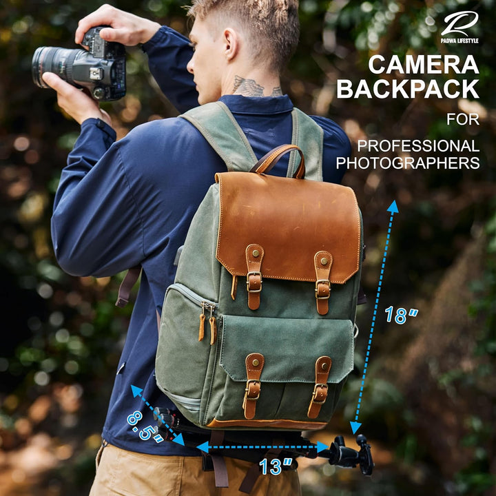 Padwa Lifestyle Grüner Kamerarucksack - wetterfeste Kameratasche aus gewachstem Memory Canvas mit 16