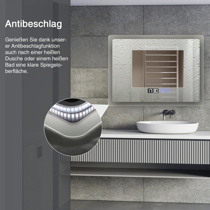 YOURLITE Badspiegel mit Beleuchtung 80x60 cm,LED Badezimmerspiegel mit Uhr Weiss - 80x60, Weiss - 80