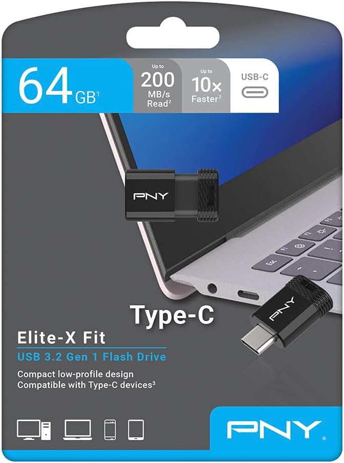 PNY 64GB Elite-X Fit Type-C USB 3.2 Flash-Laufwerk - Erweiterte Leistung bis zu 200MB/s Lesen, prakt