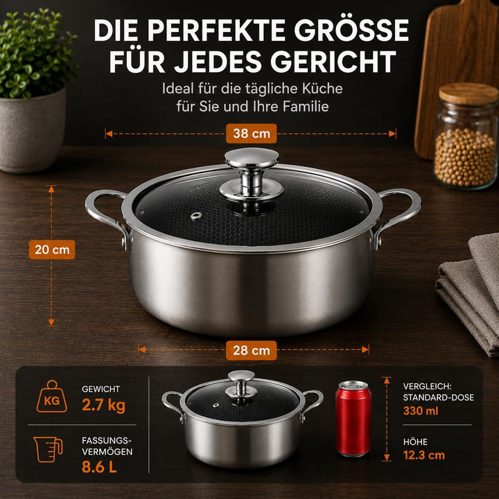 Royal Swiss 28 cm Edelstahl Kochtopf mit Glasdeckel – Honeycomb Antihaft-Kochtopf, PFOA-frei, langle