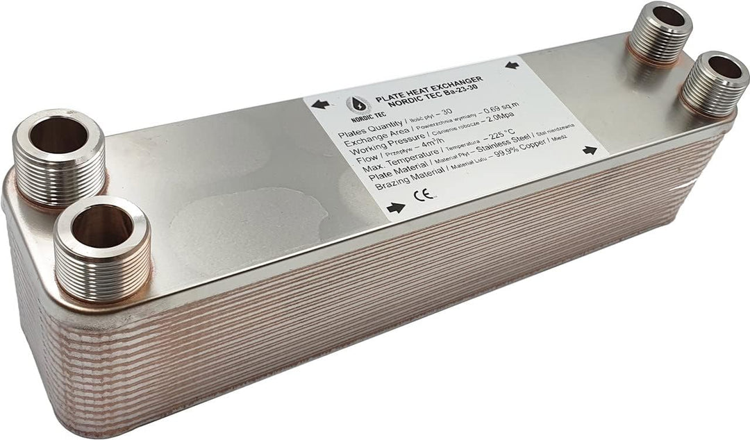 SANITLINE Edelstahl Wärmetauscher Plattenwärmetauscher NORDIC TEC Ba-23-30, 4x 3/4" Aussengewinde, 1