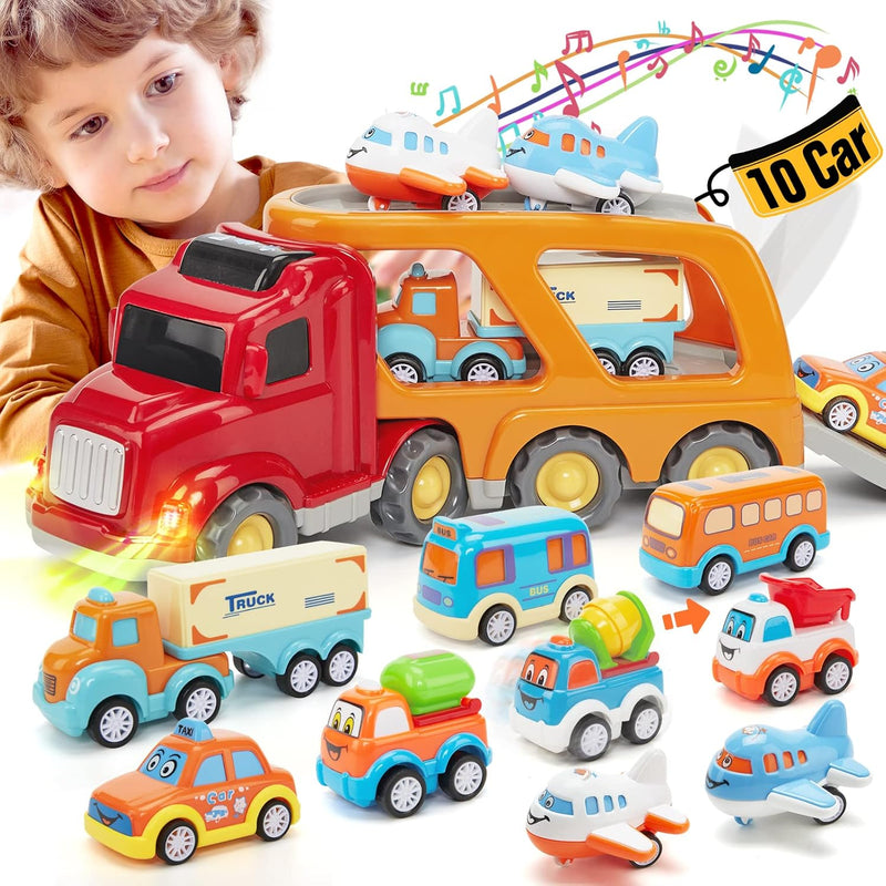 Auto Spielzeug ab 2 Jahre Cars für Kinder, 10 in 1 Baby LKW mit Licht und Musik für Jungen, Transpor