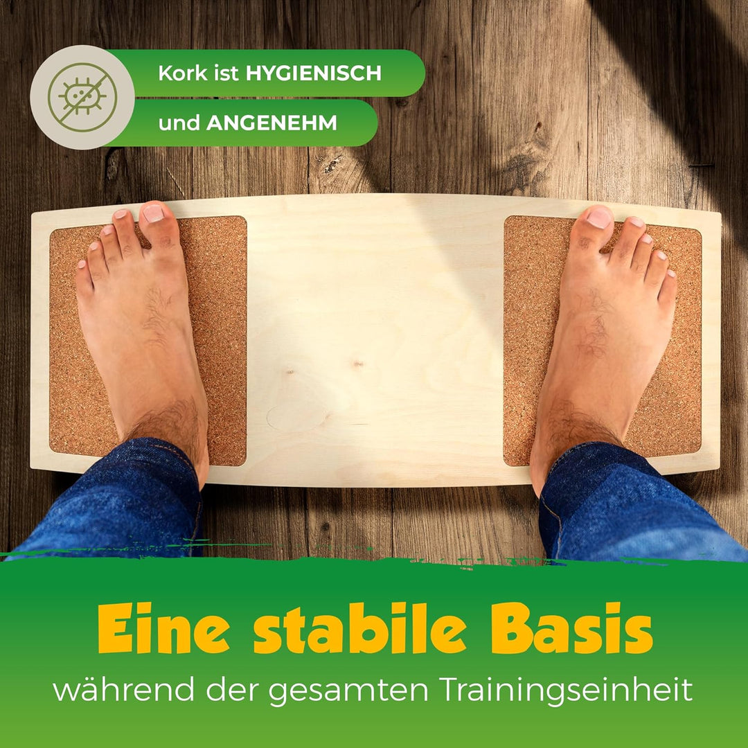 Balance-Board mit Korkpads & Korkrolle | 70 x 30 cm | Gleichgewichtsbrett | Wackel-Brett | Koordinat