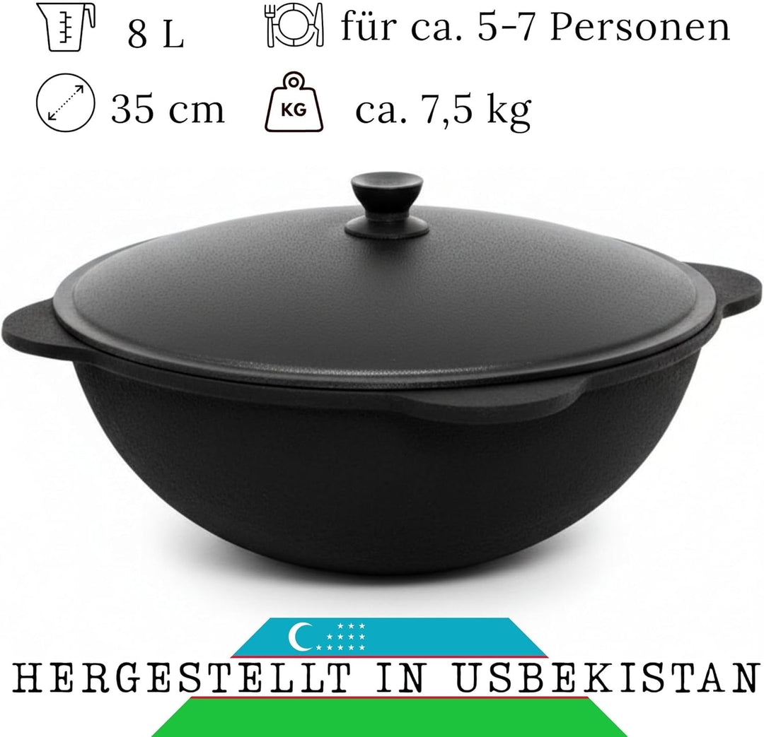 4BIG.fun Kazan aus Gusseisen 8 L mit Aluminium Deckel flacher Boden Usbek Schwenktopf NAMANGAN Kasan