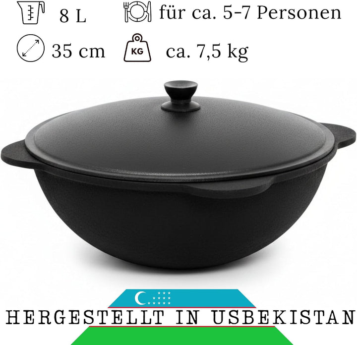 BIG-PAN Kasan Gusseisen 8L mit Aluminium Deckel flacher Boden Schaumkelle Lagan handbemalt Original