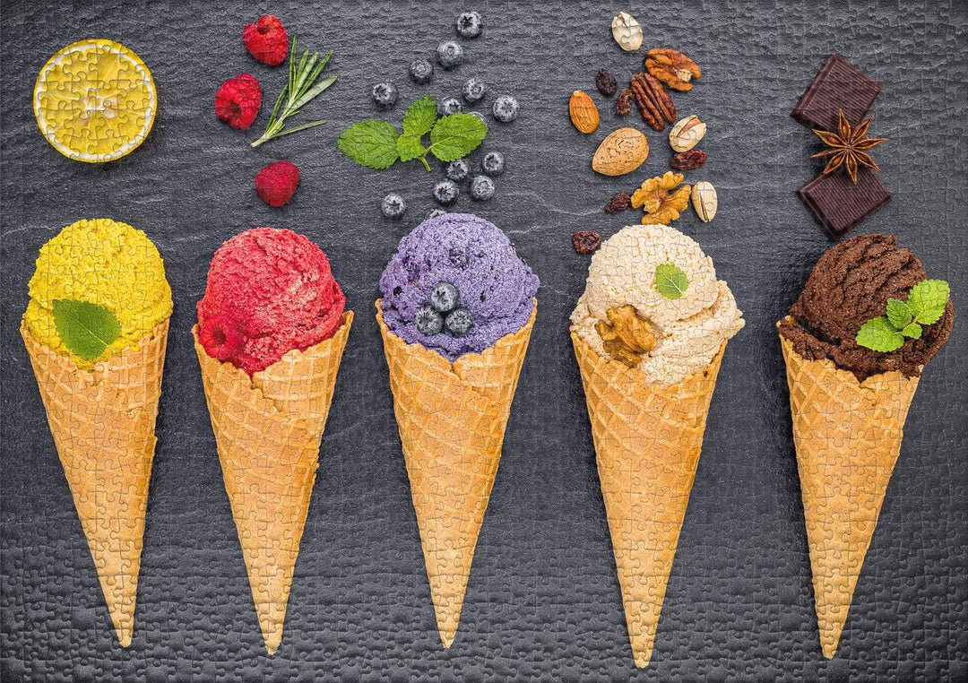 Ulmer Puzzleschmiede - Puzzle „Eiskalte Farben“ - Trendiges 1000 Teile Puzzle mit bunten EIS-Tüten –