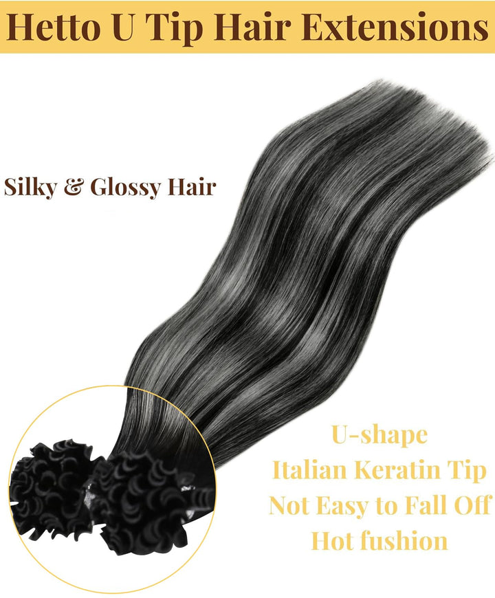 Hetto Extensions Echthaar Bondings Balayage Schwarz &amp; Silber 40cm 50 Stück 1g/Stück – Natürliche Str