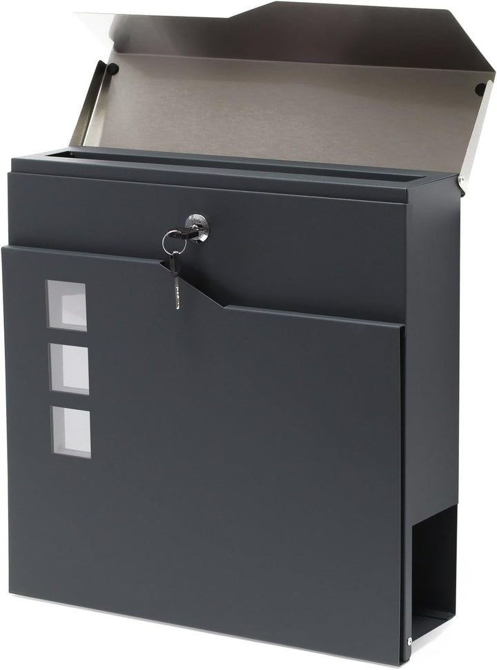 Wiltec Designer Briefkasten V20 anthrazit und Edelstahl 370 x 105 x 370 mm, Wandbriefkasten mit Schl
