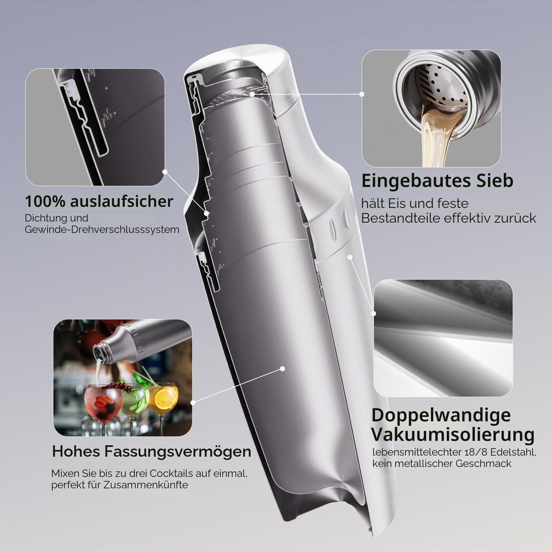 Cocktail Shaker Set mit Integrierter Massskala 900ml Premium Edelstahl Frostsicherer Doppelwand-Bark