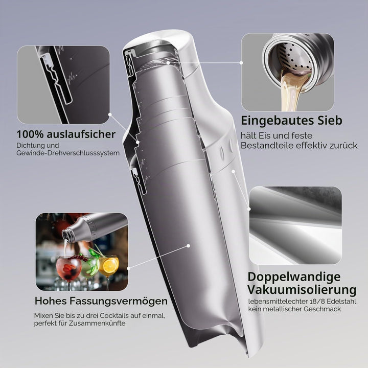 Cocktail Shaker Set mit Integrierter Massskala 900ml Premium Edelstahl Frostsicherer Doppelwand-Bark