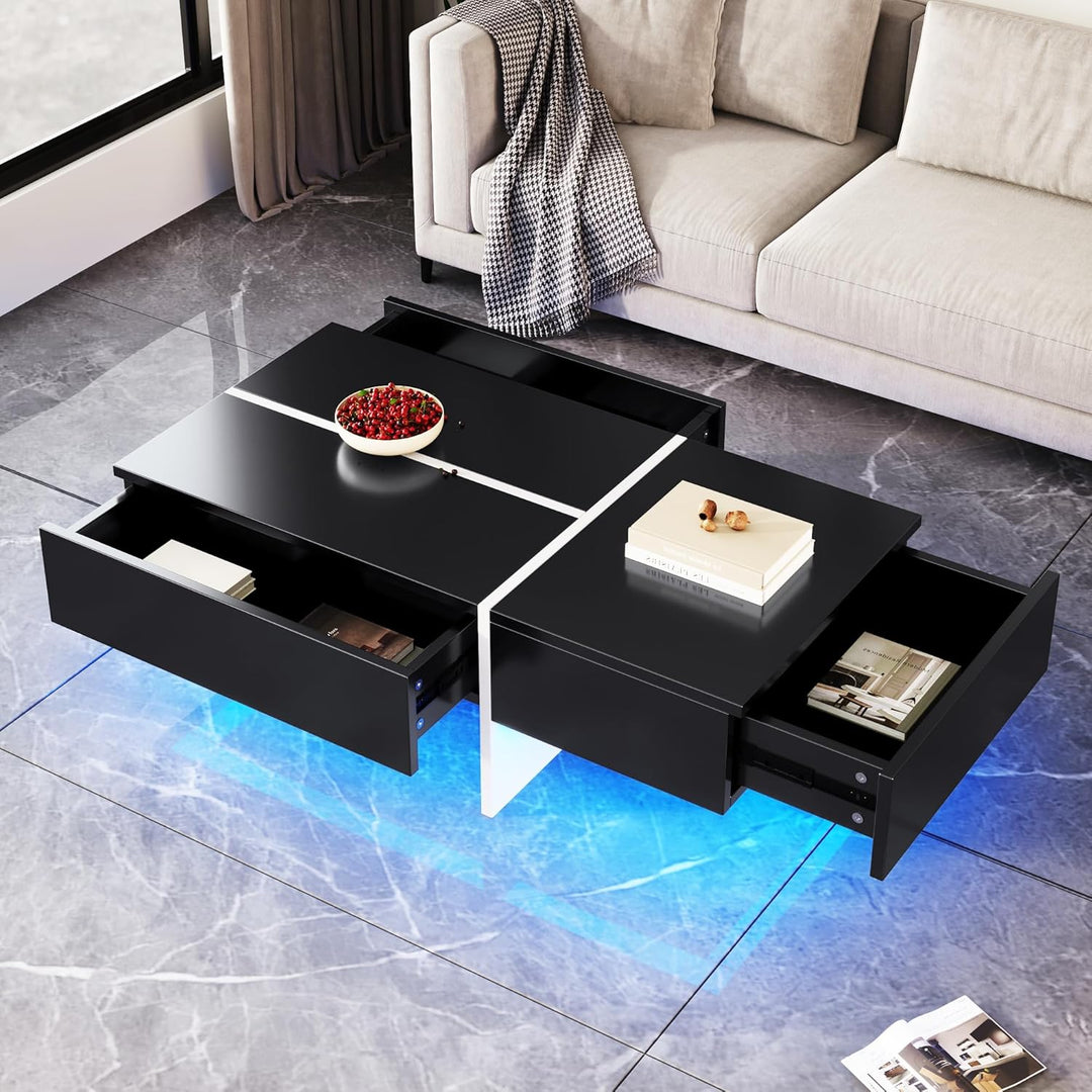 Merax Hochglänzender Couchtisch Wohnzimmermöbel Beistelltisch CoffeeTable mit LED 100x50x34.5cm Schw