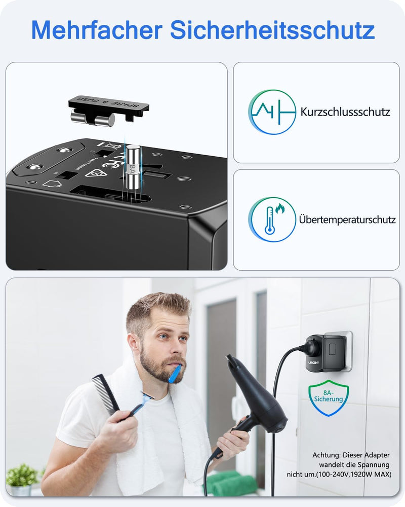 LENCENT Reiseadapter Reisestecker Weltweit mit 3 USB- und 1 Typ-C Anschlüsse und AC Steckdosenadapte