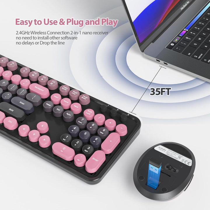 SOLIDEE kabellose Tastatur- und Maus-Kombination,Retro-Schreibmaschinen-Tastatur,2.4GHz runde Tasten