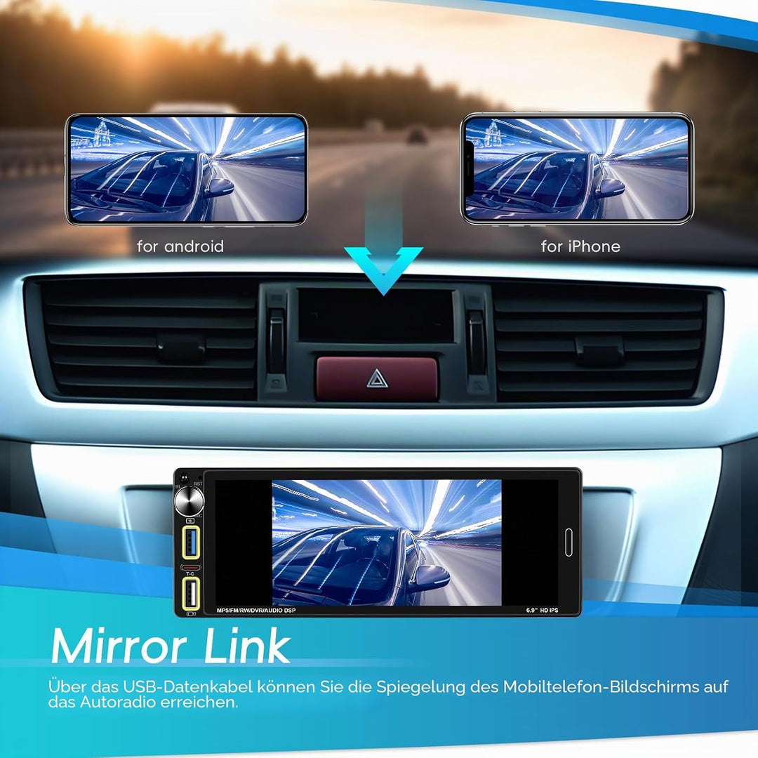 Hikity Autoradio mit Bildschirm 1 Din Wireless CarPlay Android Auto, 6,9 Zoll HD Touchscreen Radio B