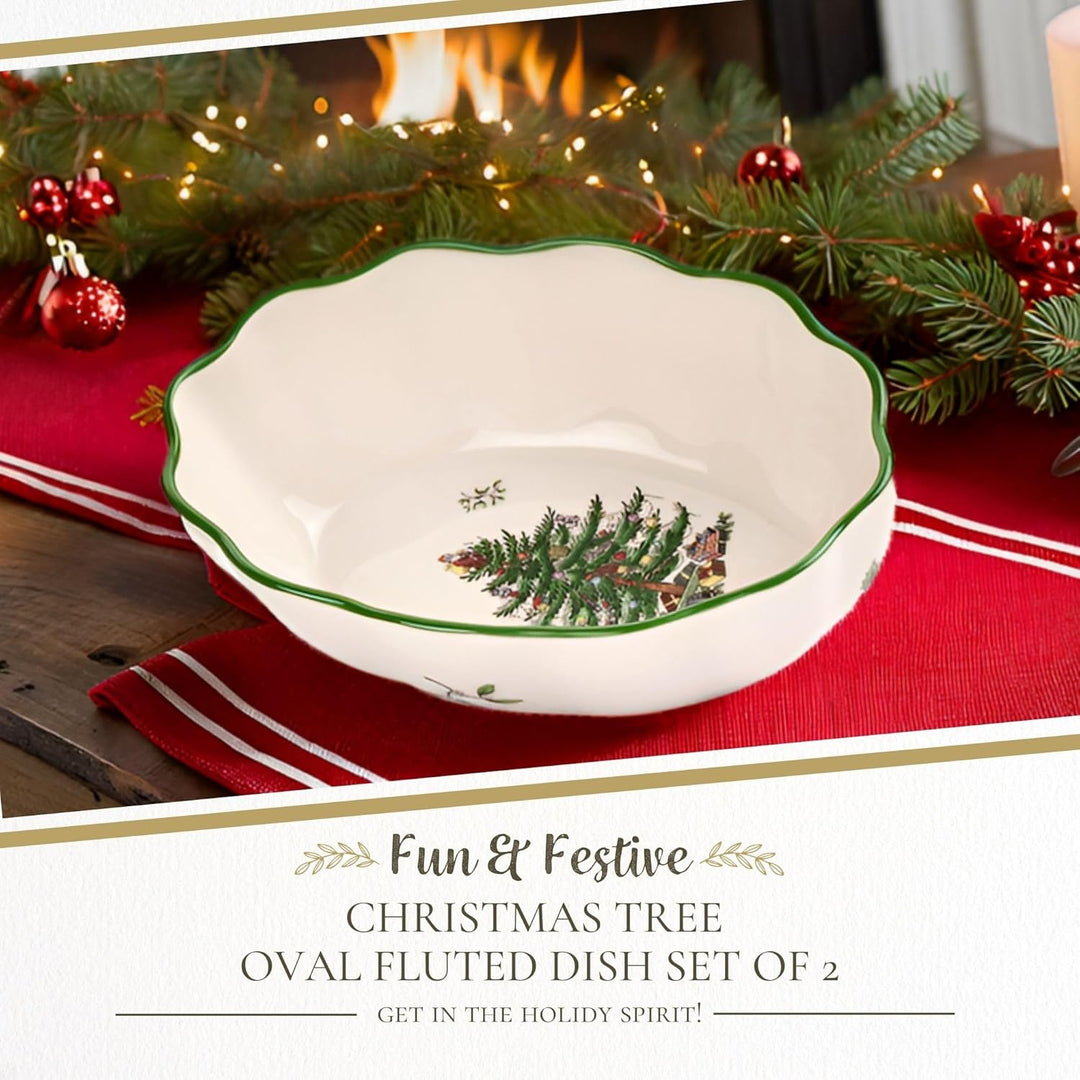 Spode Ovale Schale, Weihnachtsbaum, geriffelt, 2 Stück