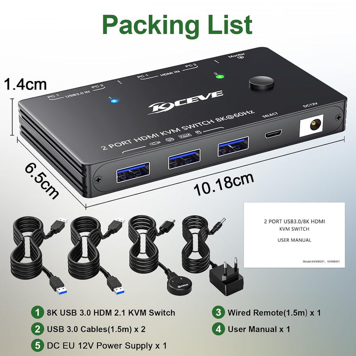 KVM Switch 2 PC 1 Monitor HDMI, USB 3.0 KVM Switch HDMI 2 Port 8K@60Hz 4K 120Hz HDCP 2.3, Teilen Tas