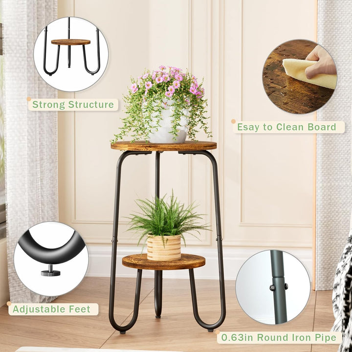 2-stufiger Blumenständer Holz Indoor, Kleiner runder Pflanzenständer, 50cm hoher Blumentisch, Rustik