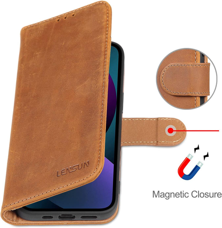 LENSUN Echtleder Hülle für iPhone 13 5G, Handyhülle [Echtes Leder][Magnetverschluss][RFID Schutz] Ha