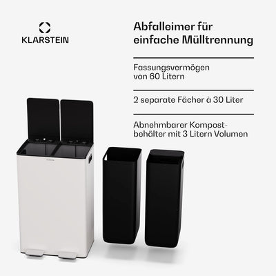 Klarstein moderner 60 L Küchen-Mülleimer (2x30 L) mit effizienter Abfallsortierung, 3 L herausnehmba