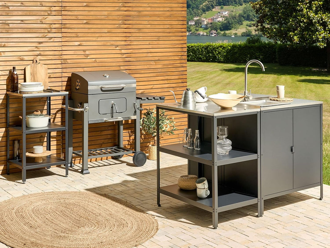 Outdoor-Kücheninsel Stahl schwarz mit Edelstahlplatte silber modern Vilama