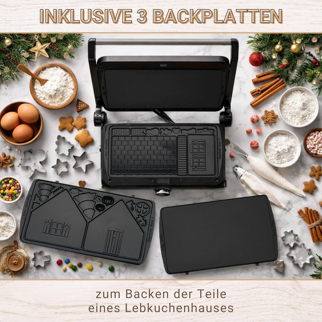 Syntrox Lebkuchenhaus Kombigerät Multifunktionsmaker mit Wechselplatten, Kontaktgrill Edelstahl, Mul