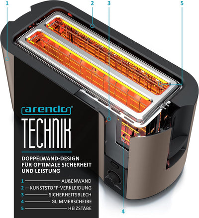 Arendo - Edelstahl Toaster Langschlitz 4 Scheiben - Defrost Funktion - wärmeisolierendes Gehäuse - m