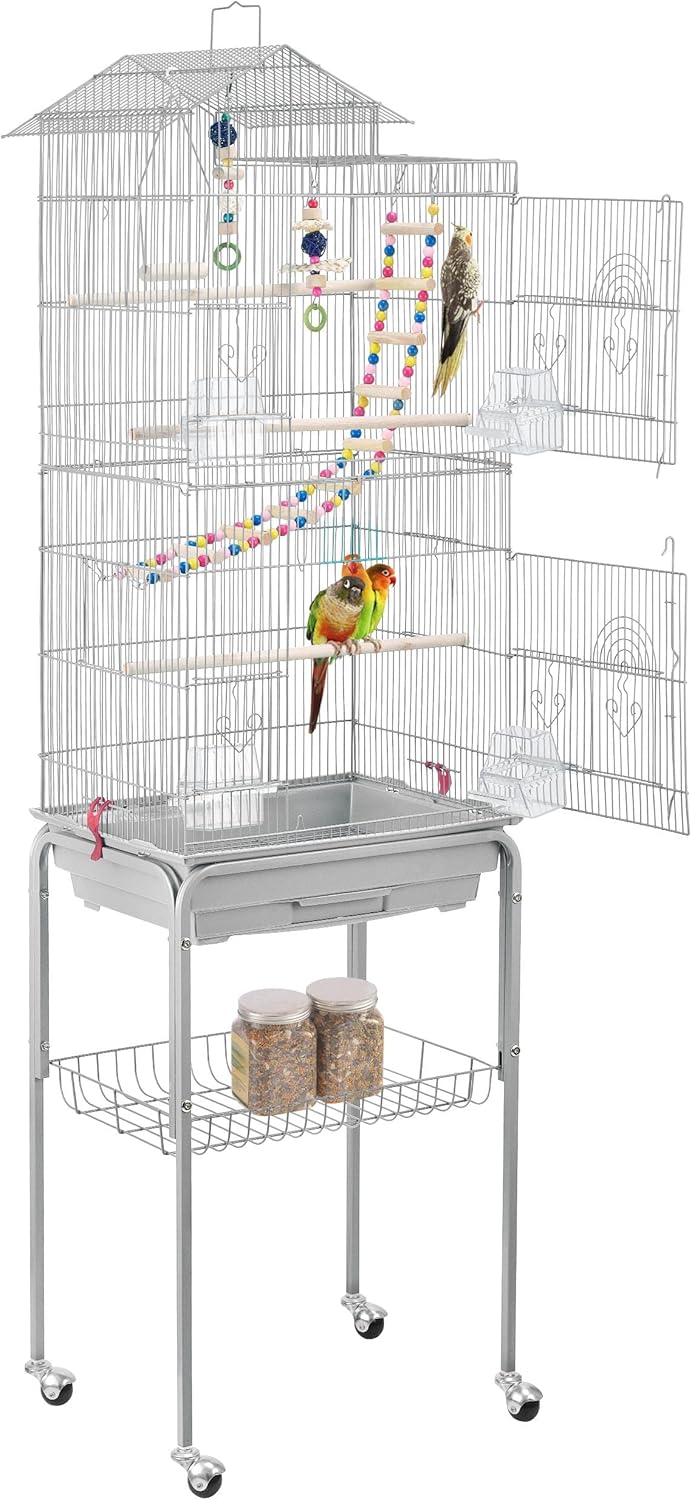 Yaheetech Vogelkäfig Wellensittich Kanarien Käfig mit Vogelspielzeug mit Ständer 46 x 35,5 x 158,5 c