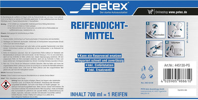 PETEX Reifendichtmittel Inhalt 700 ml inkl. Einfülldeckel, Ventilausdreher mit Flügel, Ersatzventil,