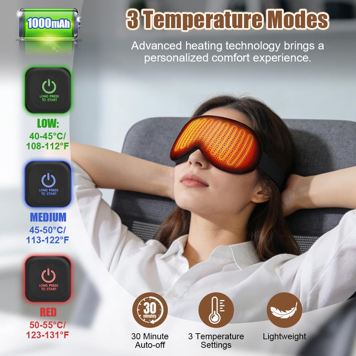 Wärmebrille, Wärmbrille kabellos Augenmaske Wärmend 3 Stufen Wiederaufladbar Maske, Schlafmaske, mas