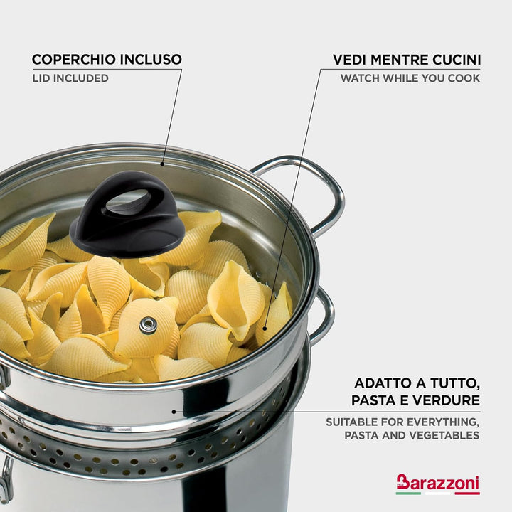 Barazzoni 419048022 Pasta-Topf, Kochen und Zusehen, Spaghetti-Topf, Deckel mit Korb, Made in Italy,