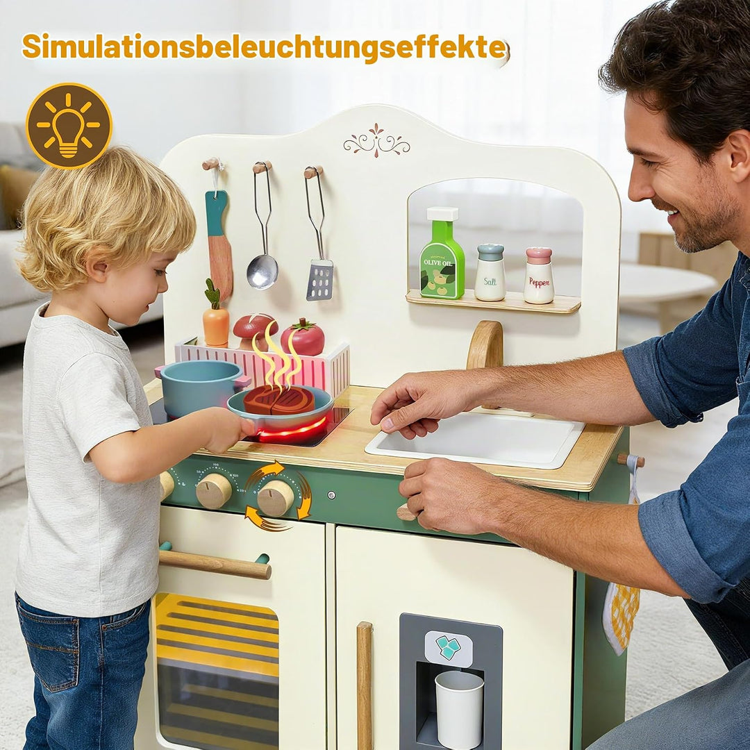 TOYWOO Kinderküche Holz mit Licht &amp; Sound, Spielküche für Kinder ab 3 Jahren mit Schneidelebensmitte