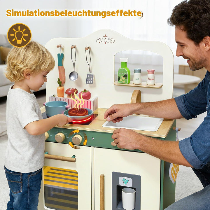 TOYWOO Kinderküche Holz mit Licht &amp; Sound, Spielküche für Kinder ab 3 Jahren mit Schneidelebensmitte