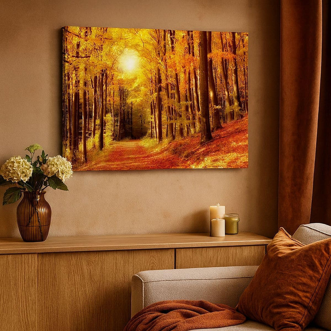 Bilder auf Leinwand 100x70cm Leinwandbild mit Rahmen Pfad Blätter Wald Gross Wanddeko Bild Schlafzim