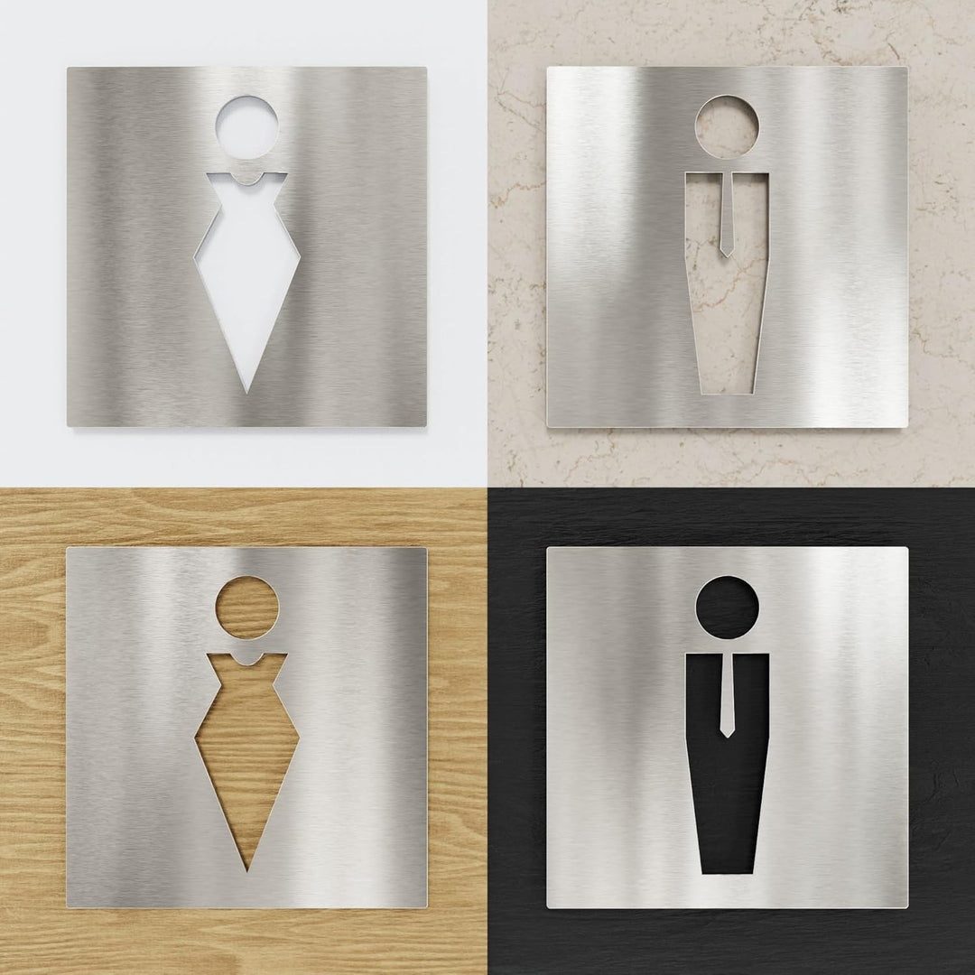Edelstahl WC-Schilder Set - selbstklebend & pflegeleicht - Design Toiletten-Schilder T-01-E