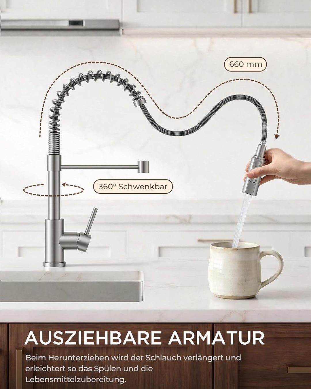 FORIOUS Wasserhahn Küche, Ausziehbare Küchenarmatur, Einhebel-Mischbatterie Küche mit 3 Strahlfunkti