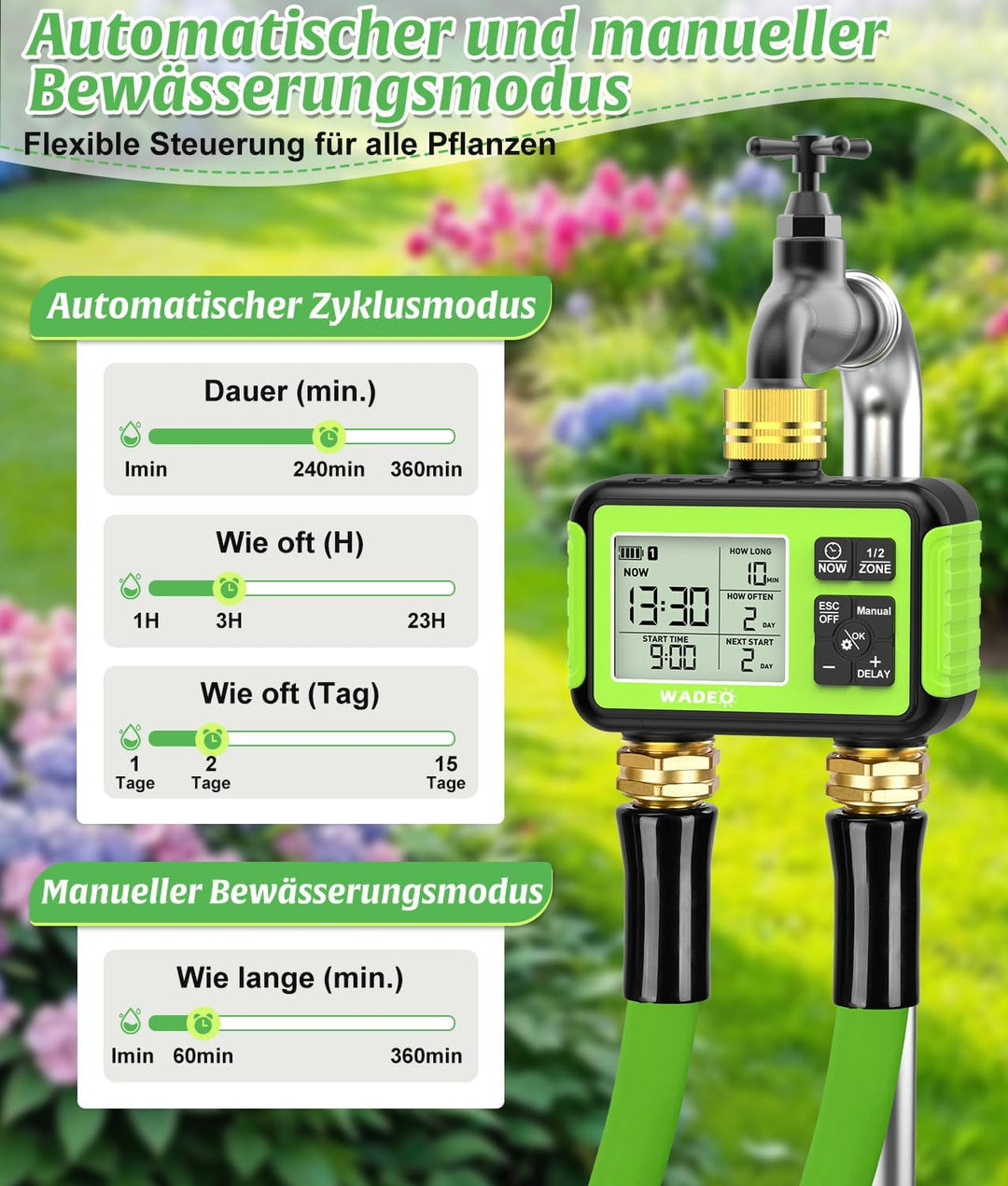 WADEO Bewässerungscomputer 2 Ausgänge, Messing-Einlass und -Auslass, LCD-Display, Automatische Bewäs