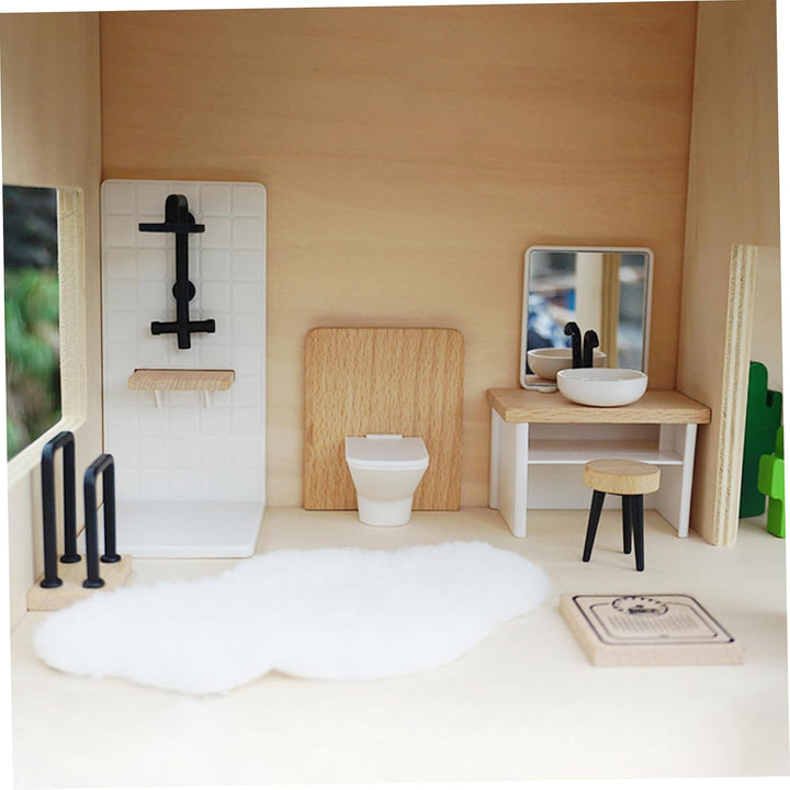 Puppenhaus-Badezimmer-Set, 8-teilig, 1:12, realistische Miniatur-Puppenhaus-Toilette aus Holz, dekor