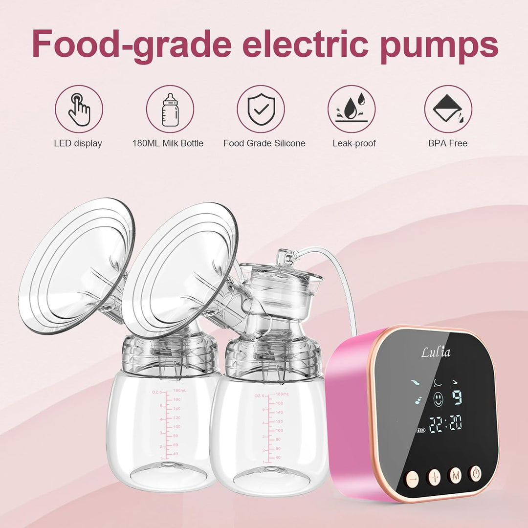 Elektrische Doppelmilchpumpe,4 Modi und 9 Stufen,Flansche in 2 Grössen,Mechanische Tasten, mit Milch