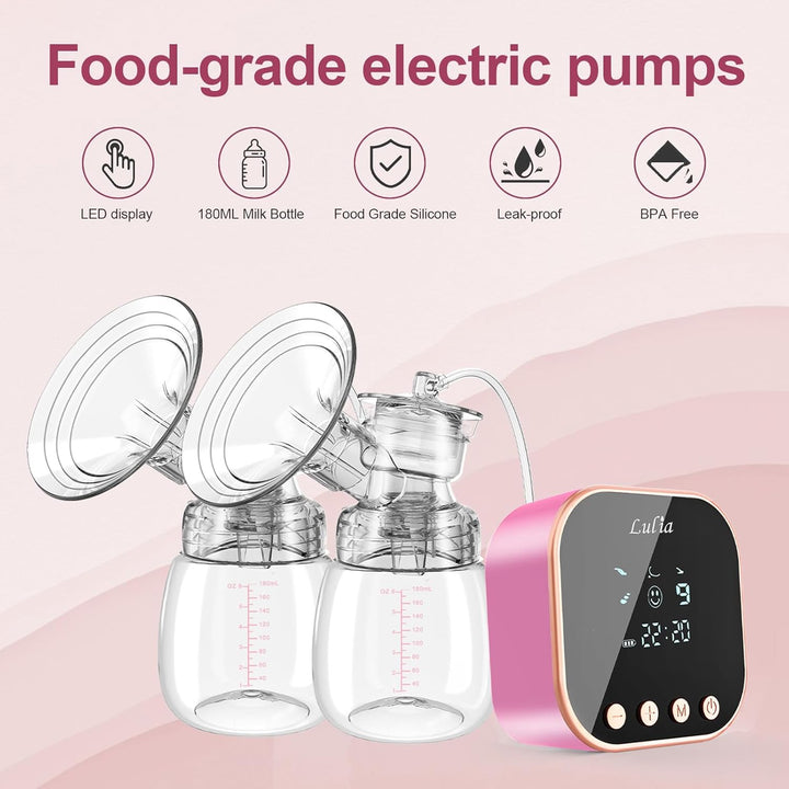 Elektrische Doppelmilchpumpe,4 Modi und 9 Stufen,Flansche in 2 Grössen,Mechanische Tasten, mit Milch