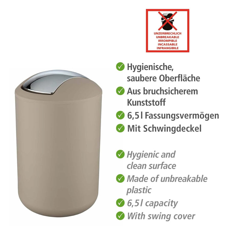 WENKO Kosmetikeimer Mod. Brasil L, 6,5 Liter Bad-Mülleimer mit Schwingdeckel, aus bruchsicherem Kuns